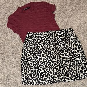 Kendall + Kylie Leopard Print Skirt & Shein Red Mock Neck Red Croptop Size Small